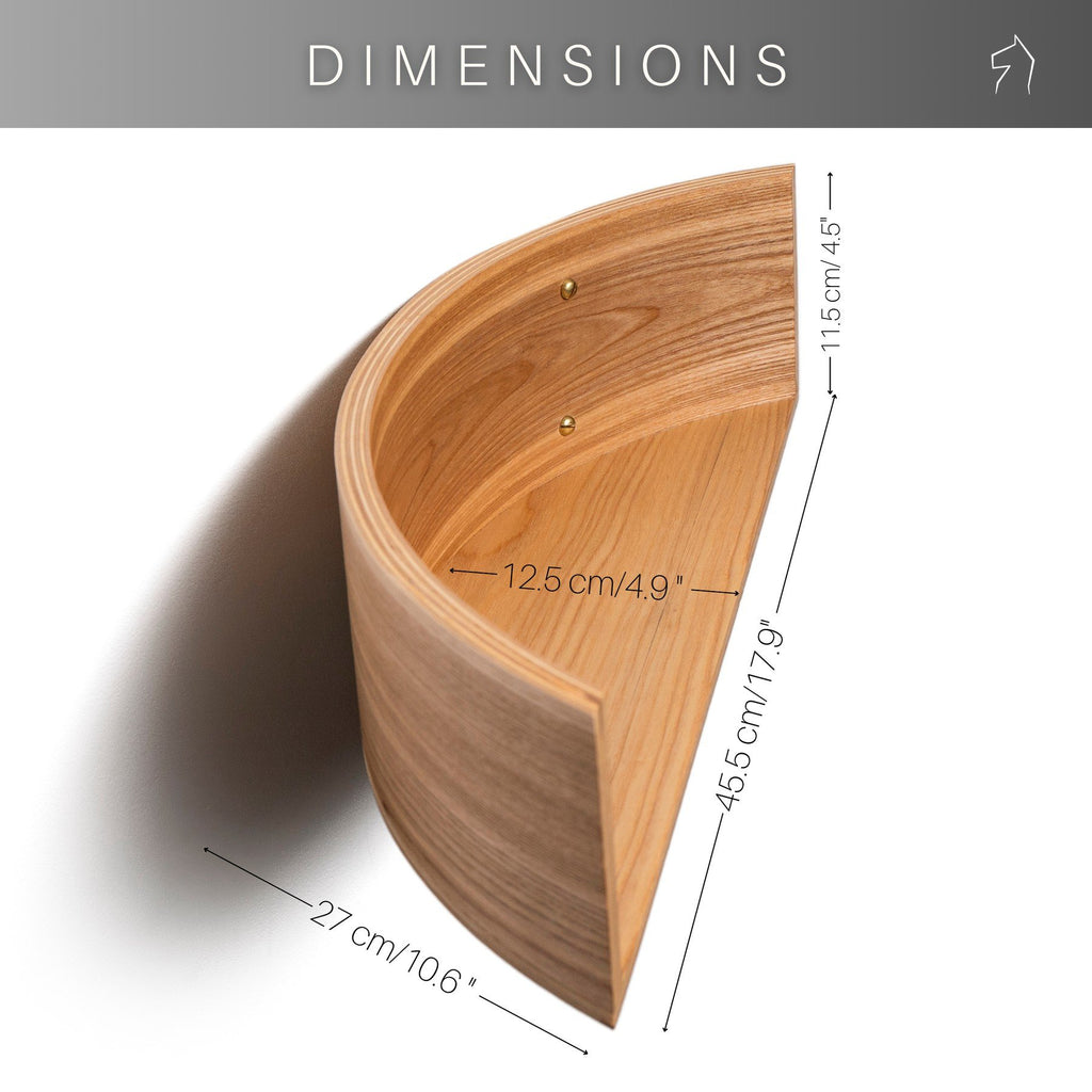 5. Size chart for floating wooden wall shelf with dimensions in centimeters and inches
