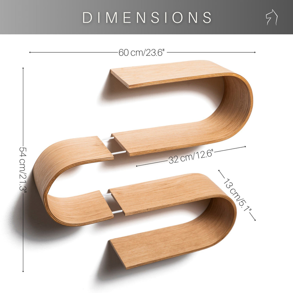 7. Size chart for S-shaped wooden wall shelf with dimensions 54 x 60 x 13 cm