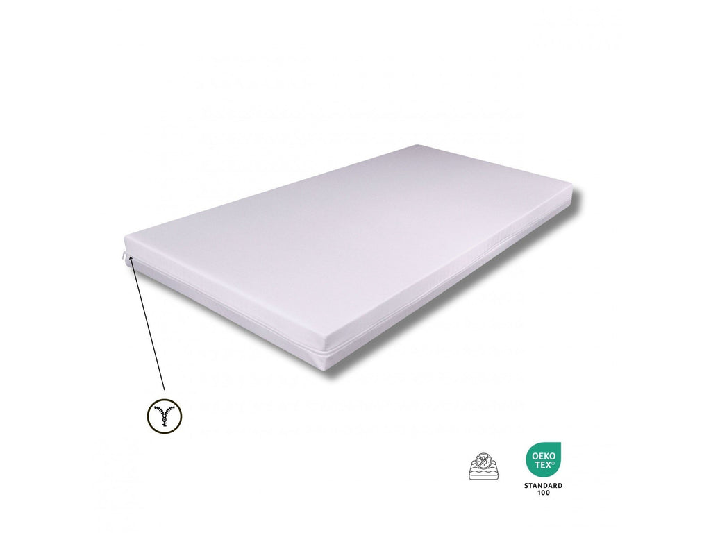 3. Close-up of white foam mattress with hypoallergenic certification and medium firmness