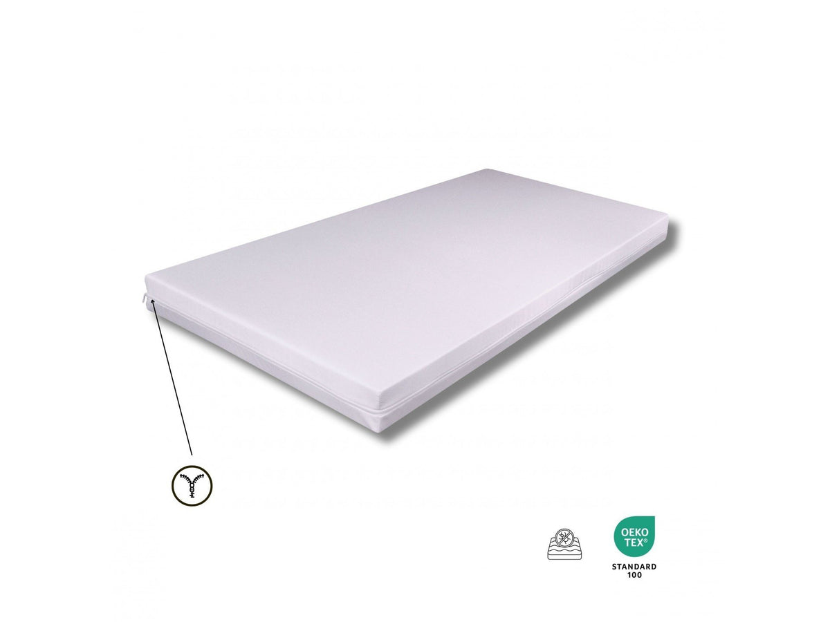 3. Close-up of white foam mattress with hypoallergenic certification and medium firmness