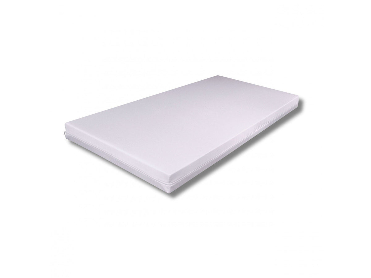 3. Close-up of double-sided foam mattress in white, highlighting medium and firm sides