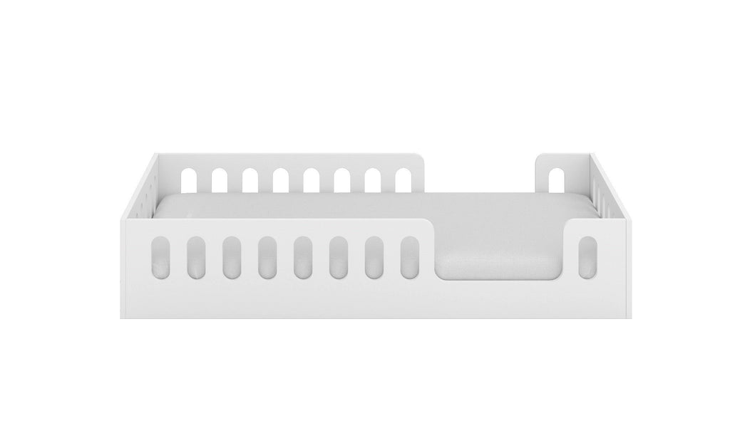 2. Side view of white floor bed with rounded cut-outs and openable side