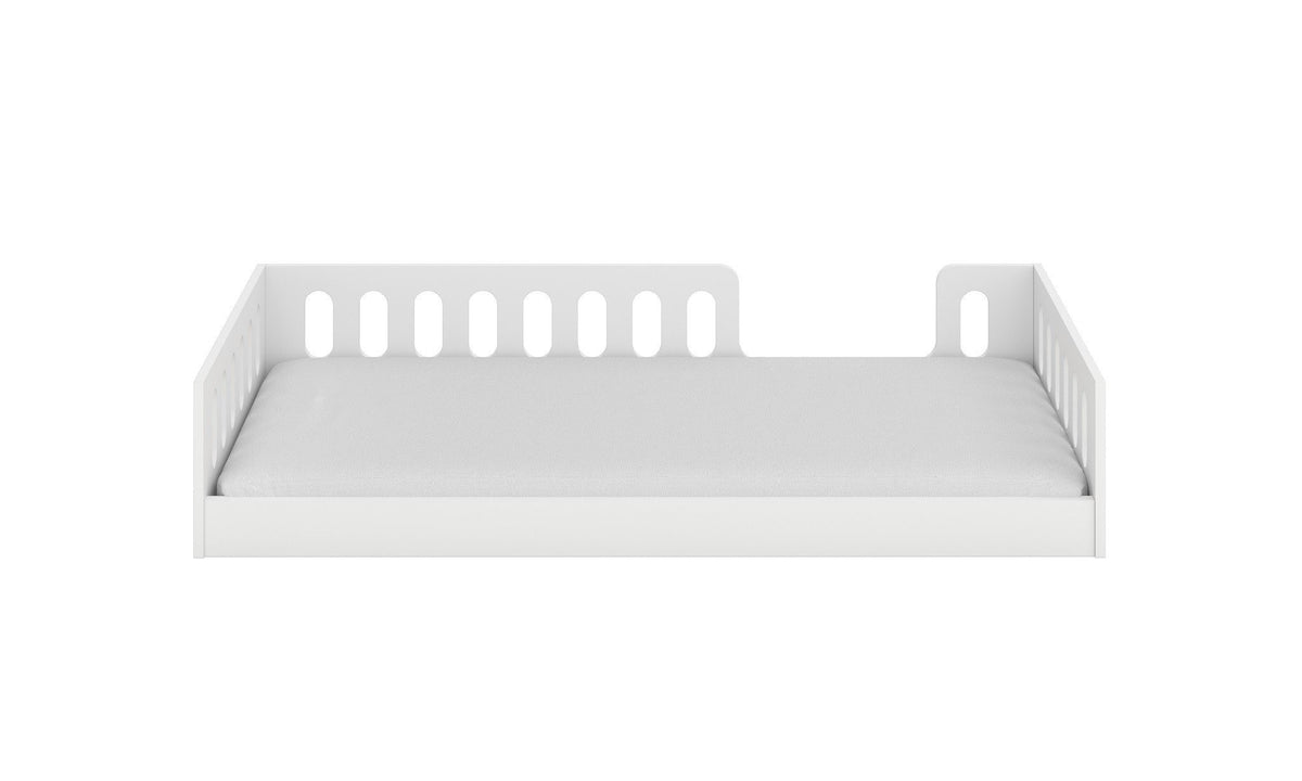 2. Front view of white kids' floor bed with openable side and rounded cut-outs