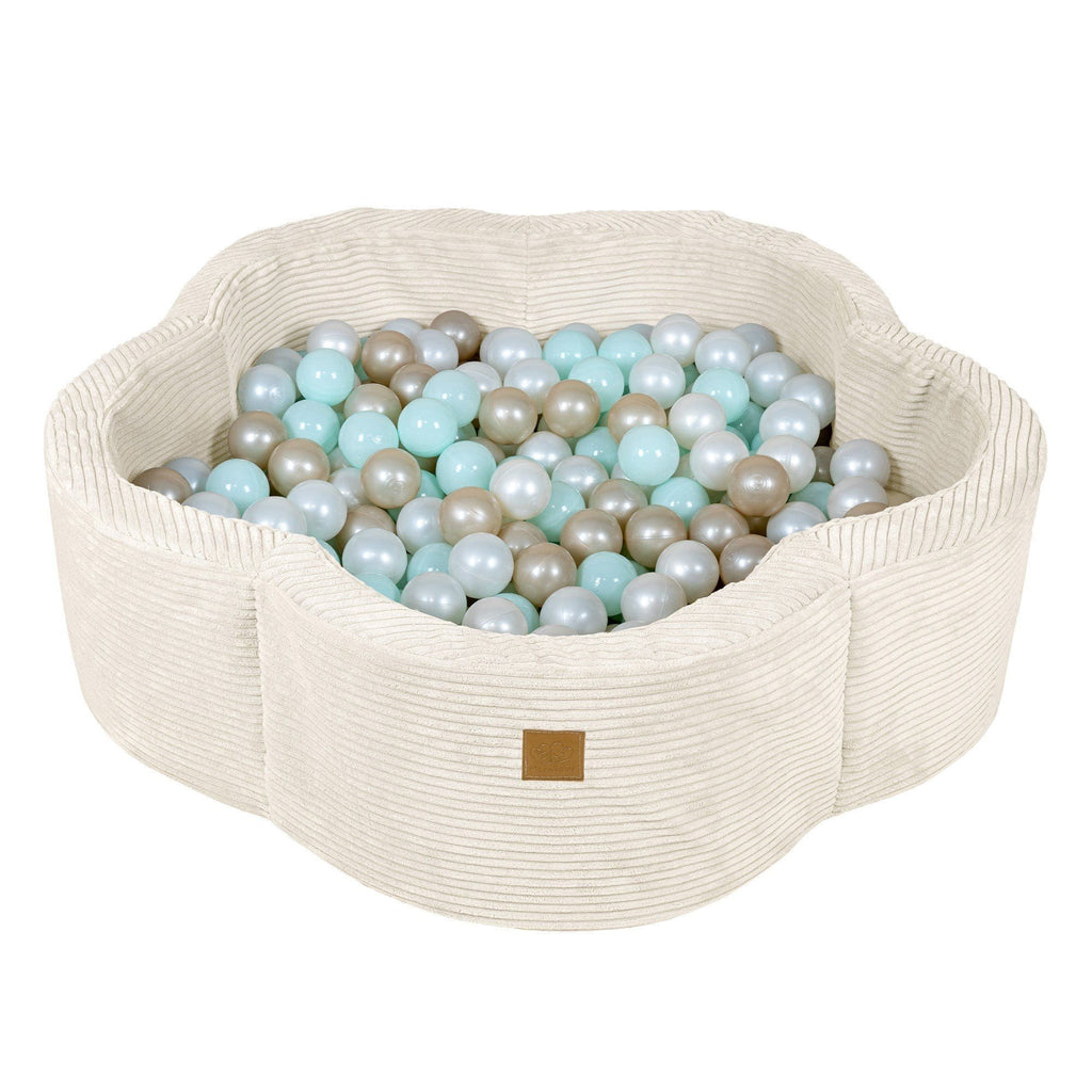 1. Beige flower-shaped foam baby ball pit filled with blue, silver, and beige balls on a white background