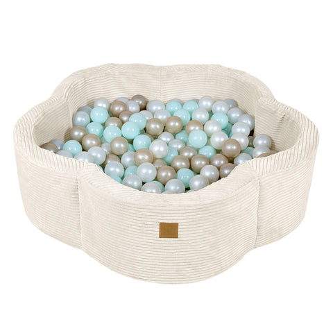1. Beige flower-shaped foam baby ball pit filled with blue, silver, and beige balls on a white background