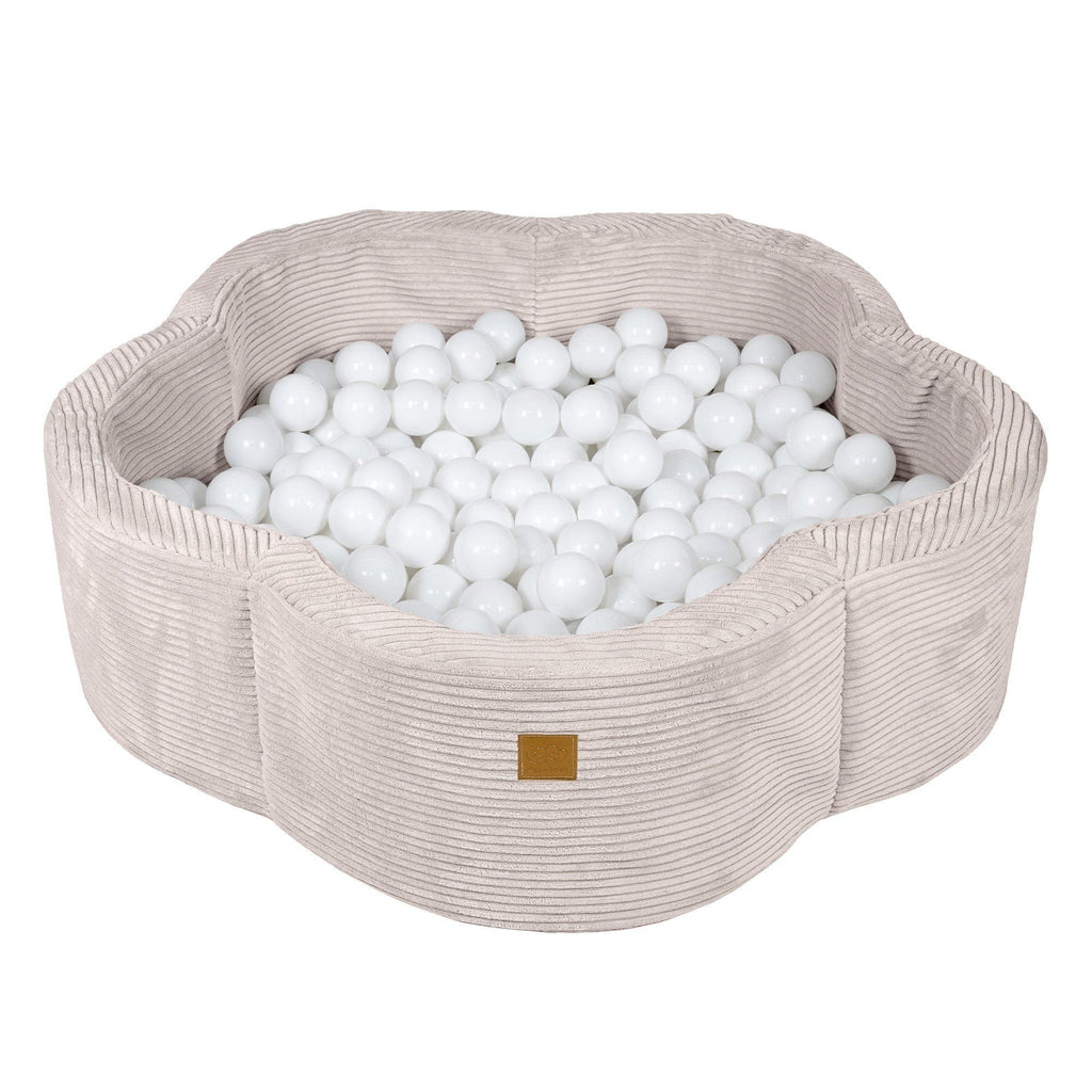 1. Ecru flower-shaped foam baby ball pit filled with white balls, featuring ribbed texture and brown brand patch, ideal for indoor play