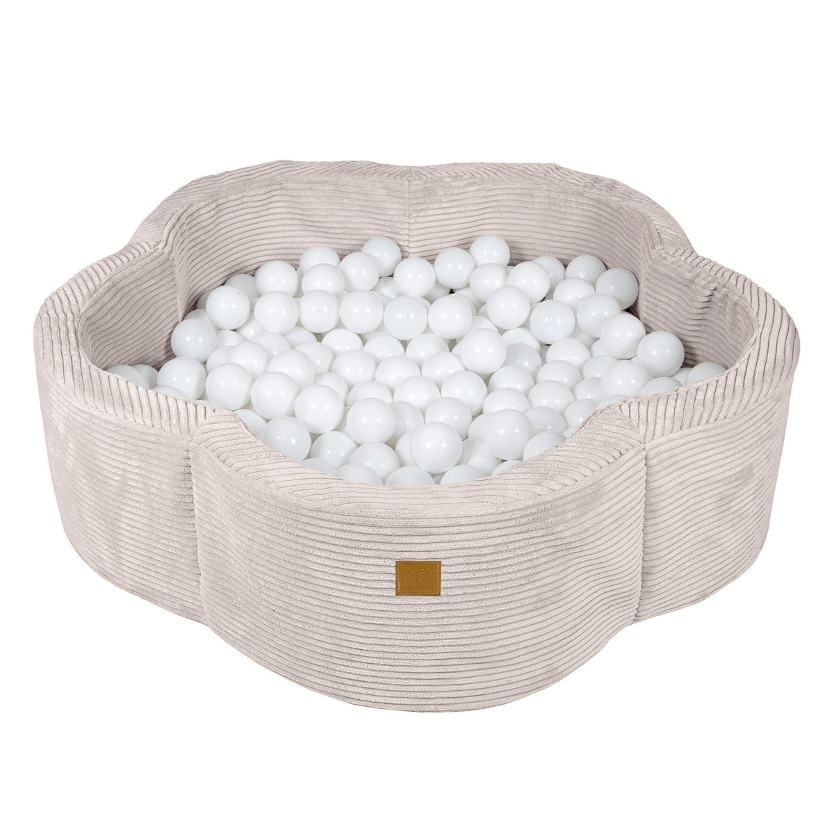 1. Ecru flower-shaped foam baby ball pit filled with white balls, featuring ribbed texture and brown brand patch, ideal for indoor play