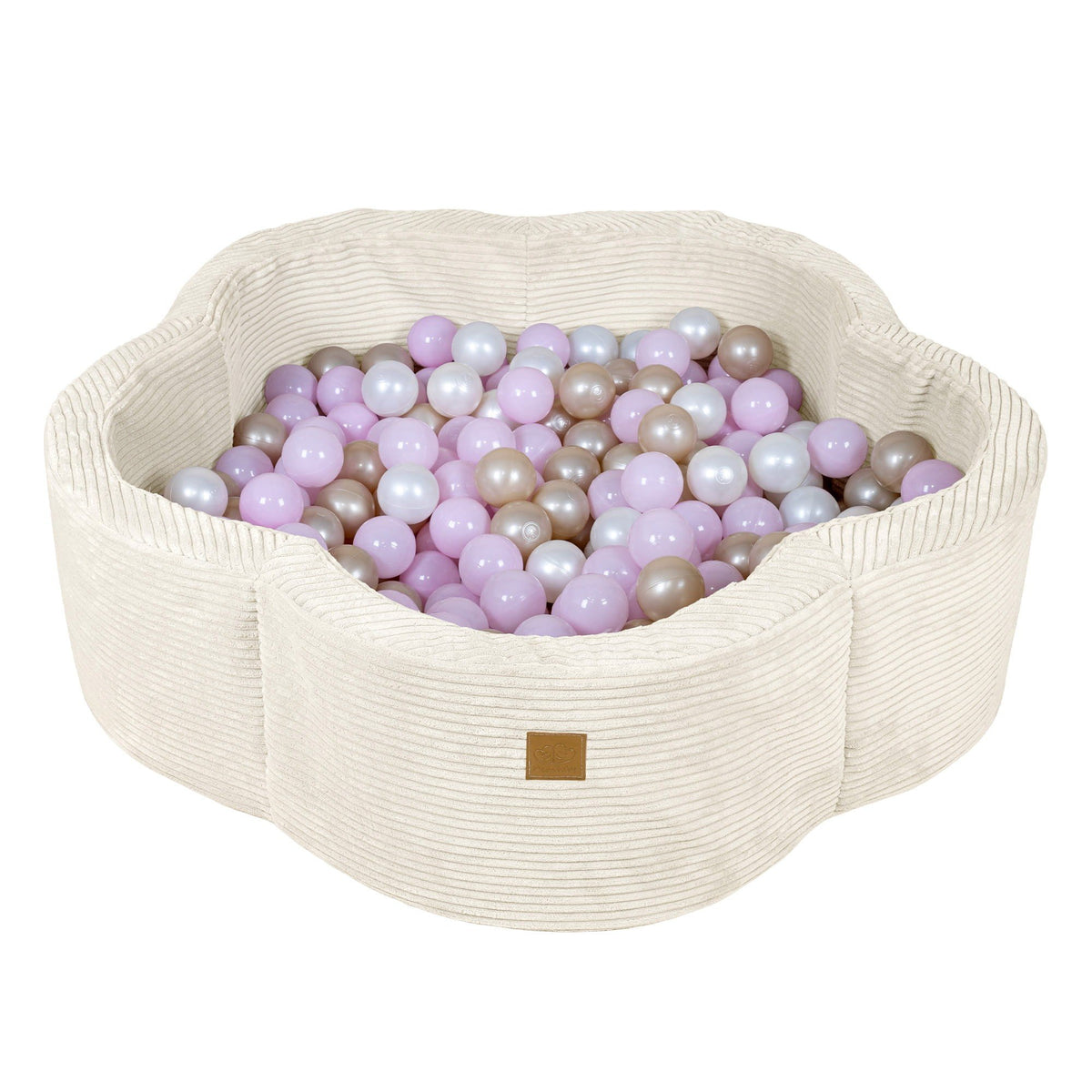 2. Beige flower-shaped foam baby ball pit filled with pink, silver, and beige balls on a white background