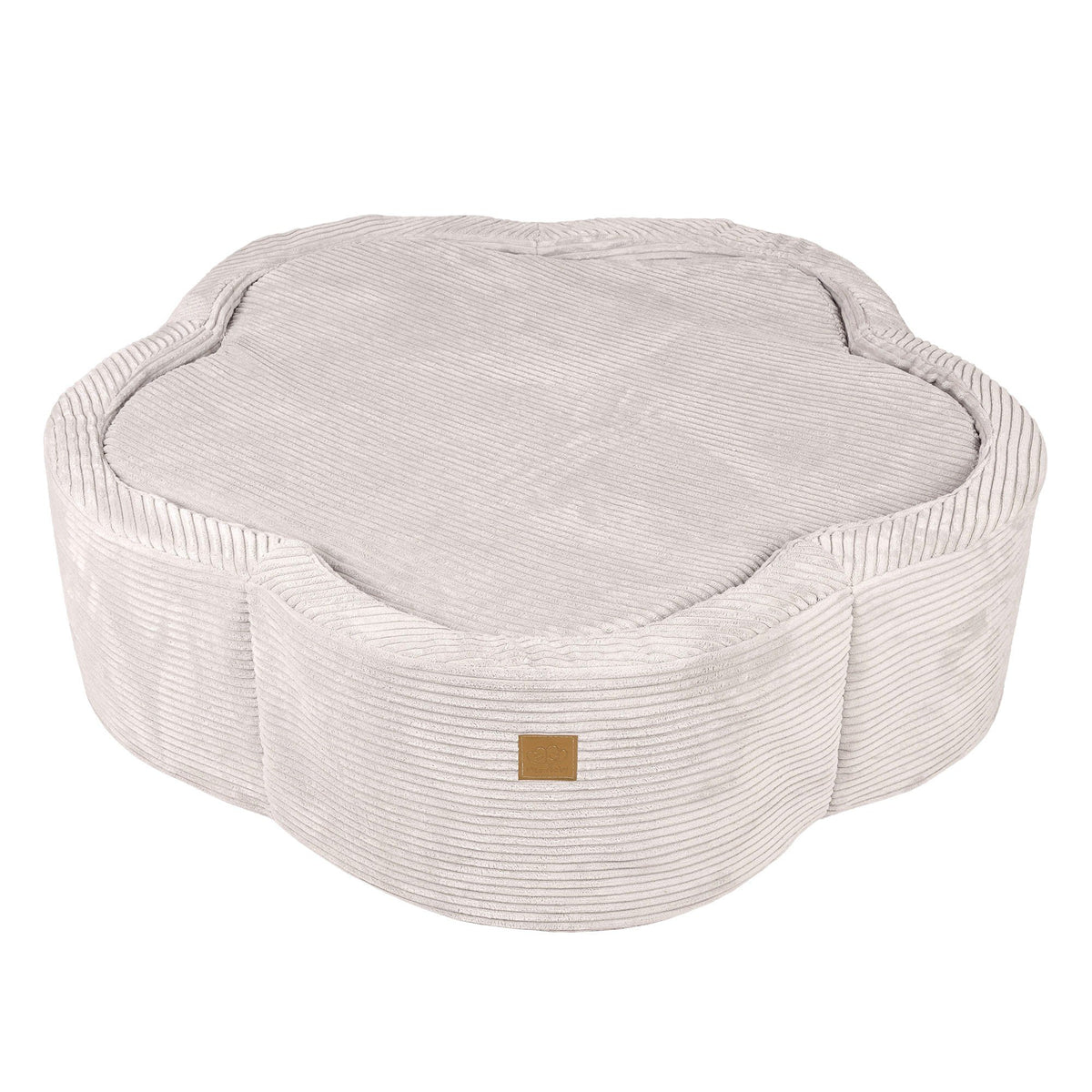 2. Ecru flower-shaped foam baby ball pit with ribbed texture and brown brand patch, shown with cover on in studio setting