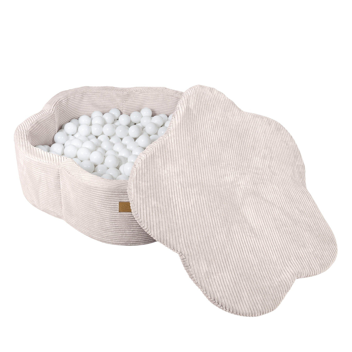 3. Ecru flower-shaped foam baby ball pit with removable cover, filled with white balls, highlighting ribbed texture