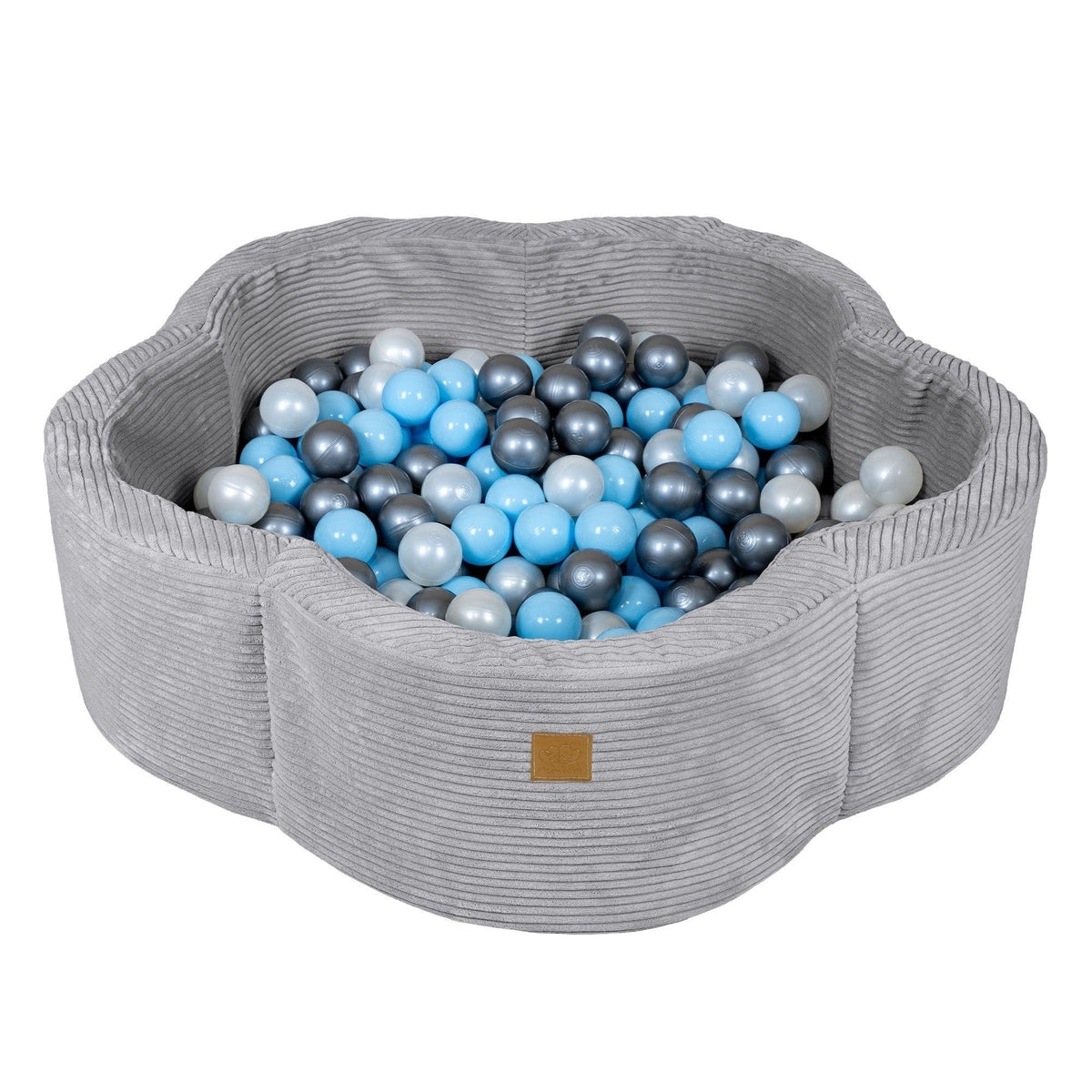 1. Grey flower-shaped foam baby ball pit filled with blue, grey, and white balls, featuring a ribbed texture and a small brown logo patch on the side