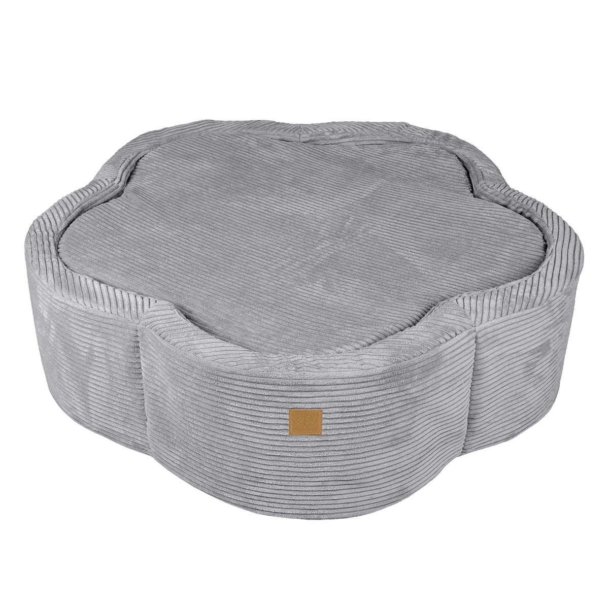 4. Flat lay of grey flower-shaped foam baby ball pit with ribbed texture and a small brown logo patch