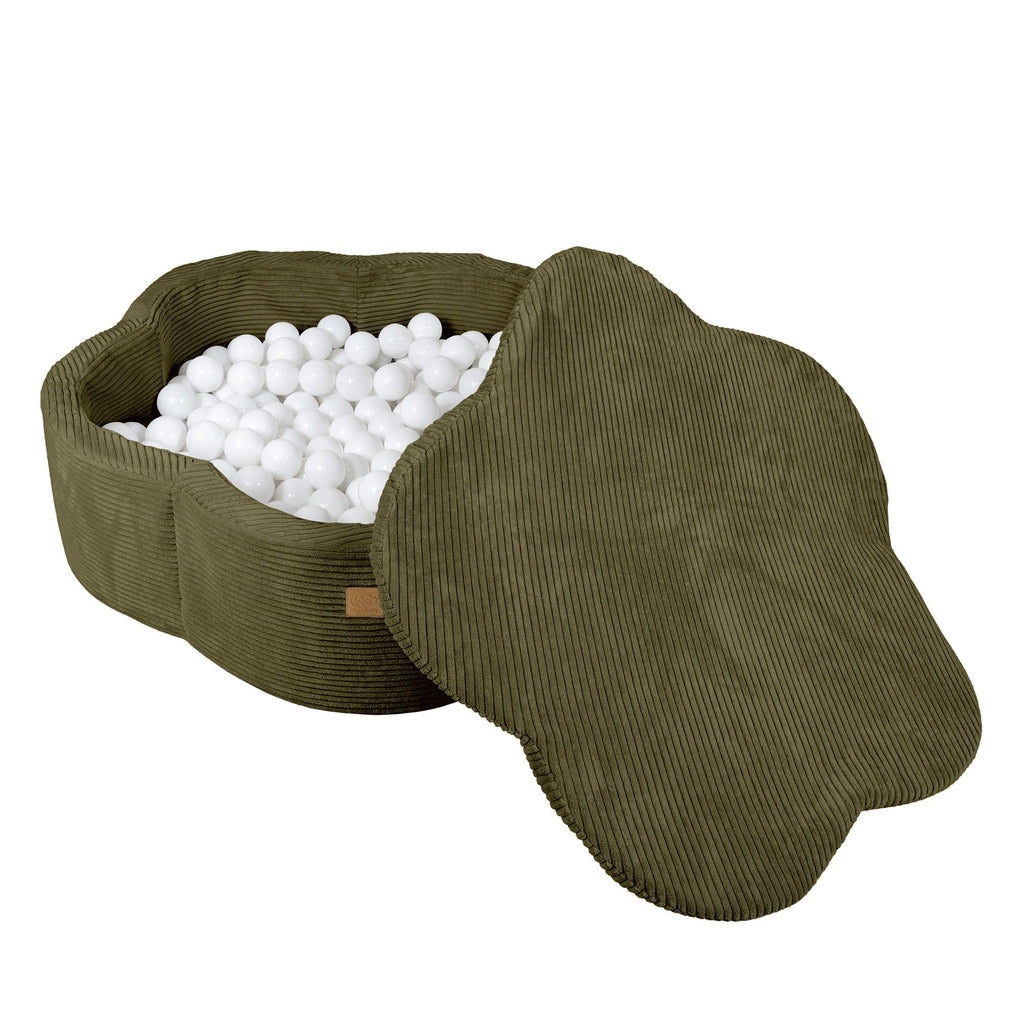 1. Khaki flower-shaped foam baby ball pit with white balls and removable cover, ideal for indoor play