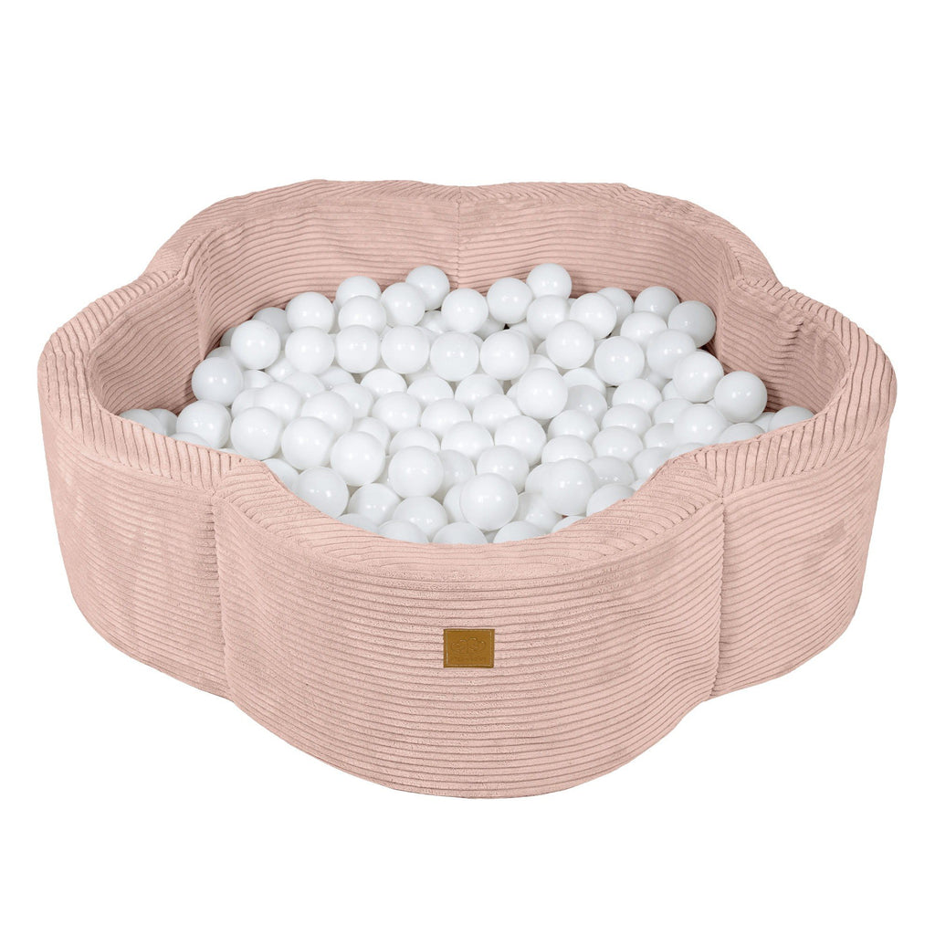 2. Pink flower-shaped foam baby ball pit filled with white balls, perfect for children's playroom
