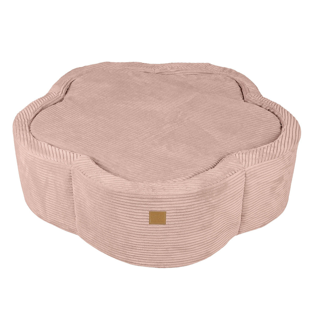 4. Flat lay of pink flower-shaped foam baby ball pit with closed cover, showcasing design