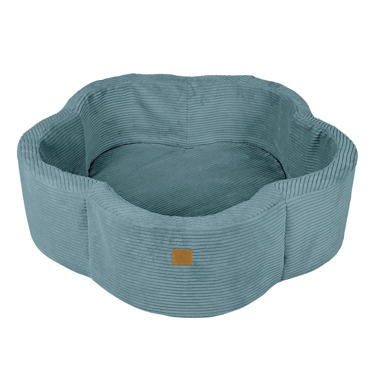 3. Empty turquoise flower-shaped foam baby ball pit with ribbed texture and MeowBaby logo, highlighting spacious interior