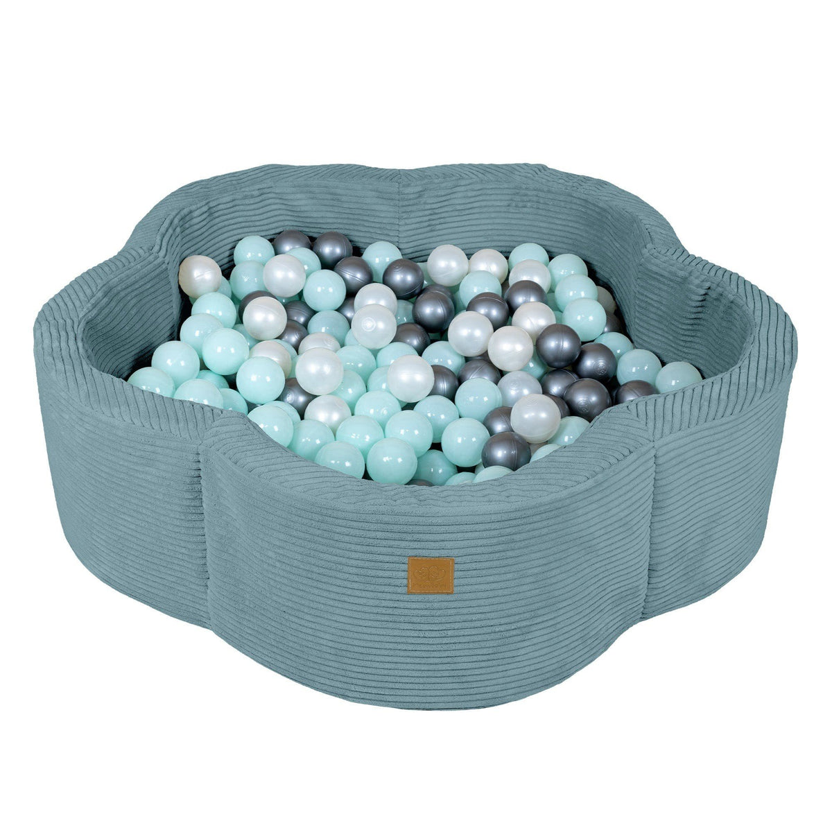 1. Turquoise flower-shaped foam baby ball pit filled with pastel and metallic balls, featuring a ribbed texture and MeowBaby logo, ideal for indoor play