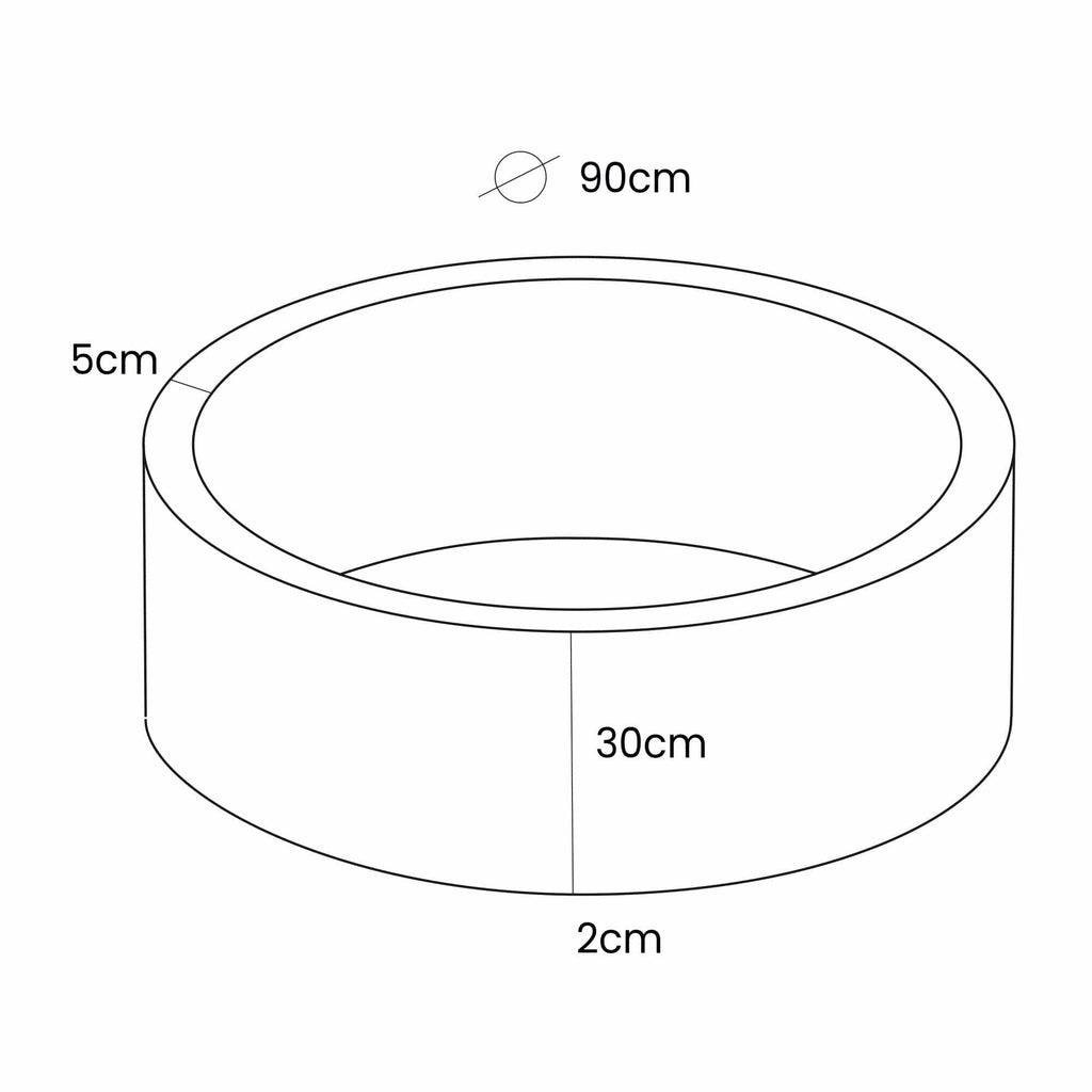 5. Size chart for foam baby ball pit showing dimensions: outer diameter 90 cm, height 30 cm