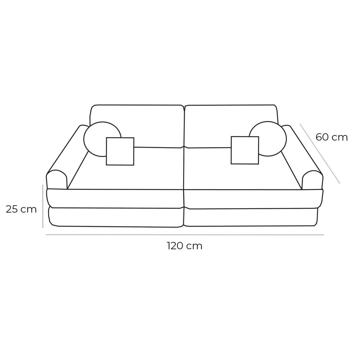 2. Size chart for children's modular sofa showing dimensions 120x60x25 cm with labeled components