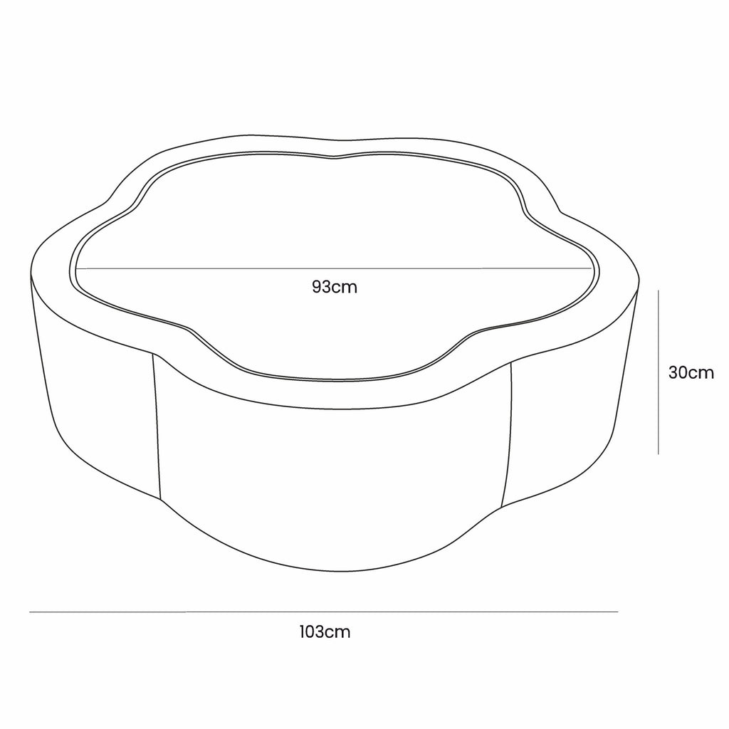 5. Size chart for flower-shaped baby ball pit showing dimensions 93cm by 103cm by 30cm