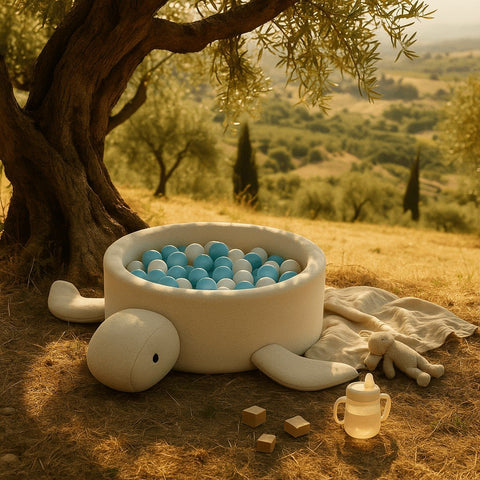 1. Turtle-shaped baby ball pit in cream beige boucle fabric with blue balls under a tree in a scenic outdoor setting