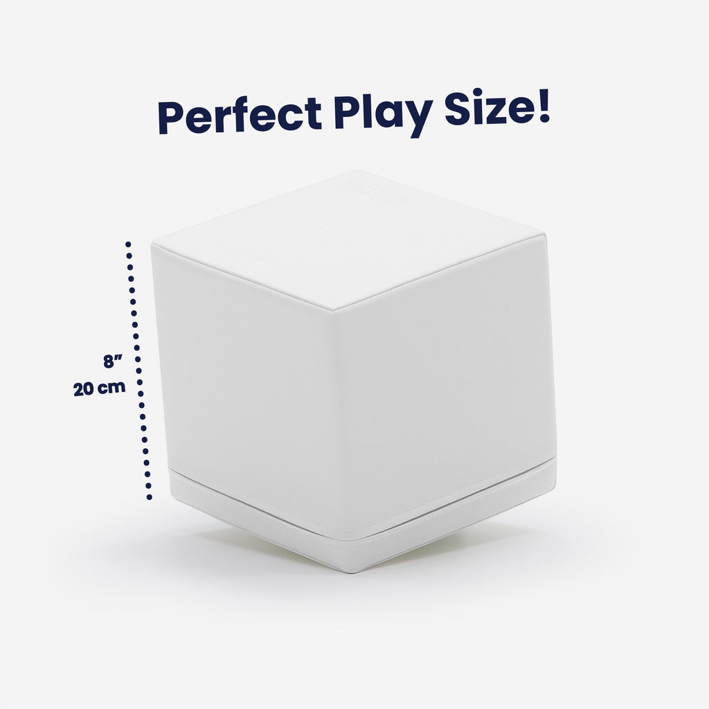 5. Single white foam building block with text 'Perfect Play Size!' and dimensions 8 inches or 20 cm