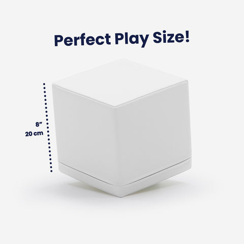 5. Single white foam building block with text 'Perfect Play Size!' and dimensions 8 inches or 20 cm