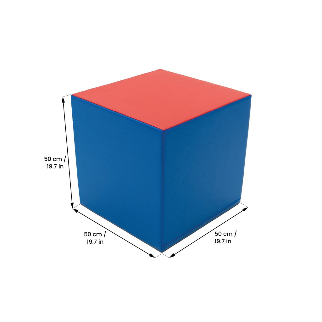 5. Size chart for foam mega cube building block showing dimensions in centimeters and inches