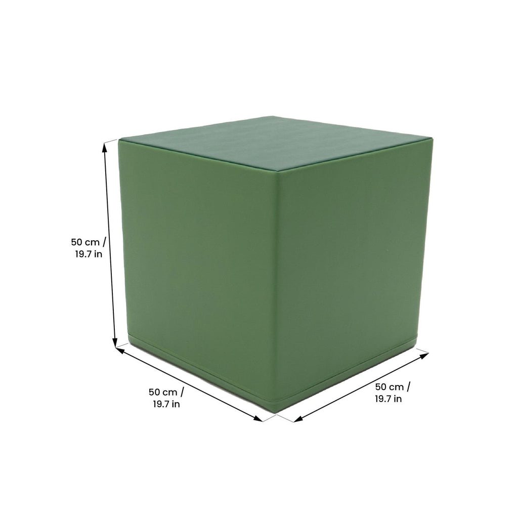 4. Pine green foam mega cube building block with dimensions 50 cm by 50 cm shown on white background
