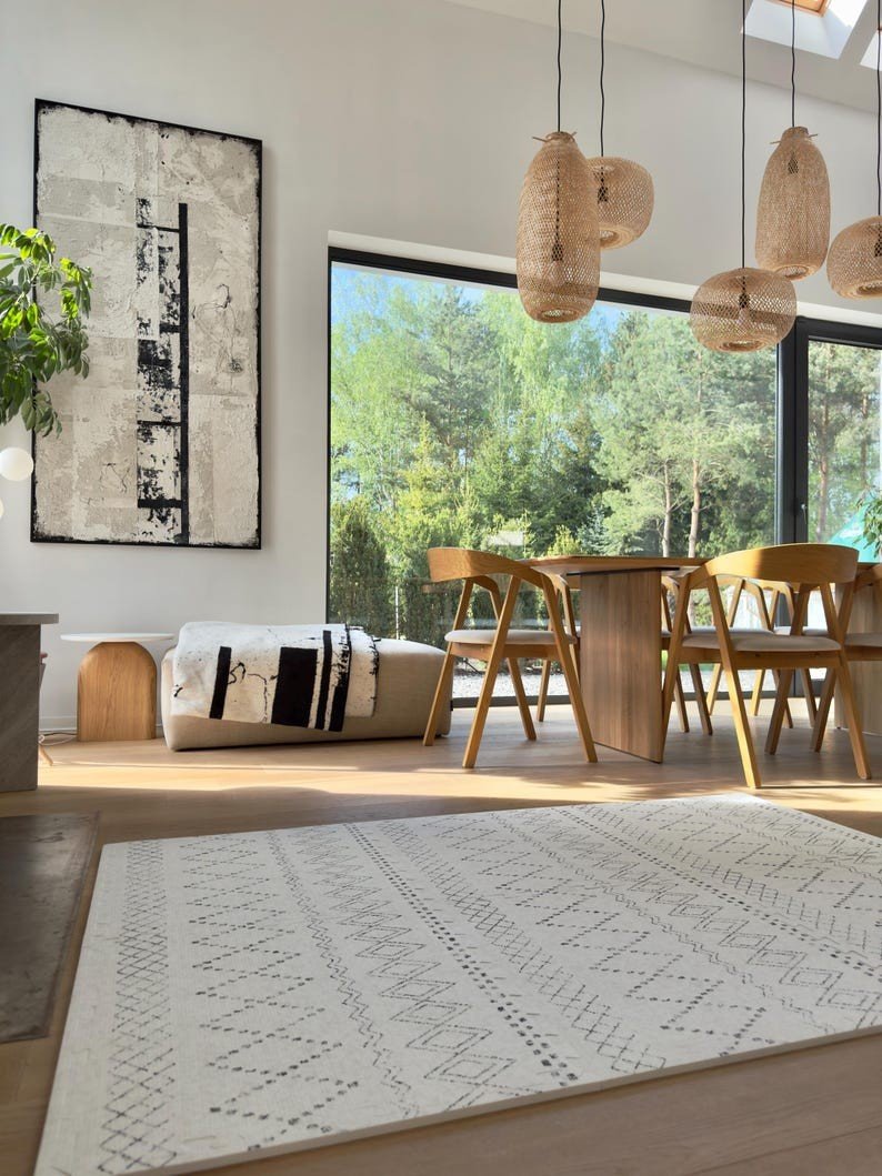 2. Ivory and black boho playmat in sunlit dining area with wooden chairs and large windows