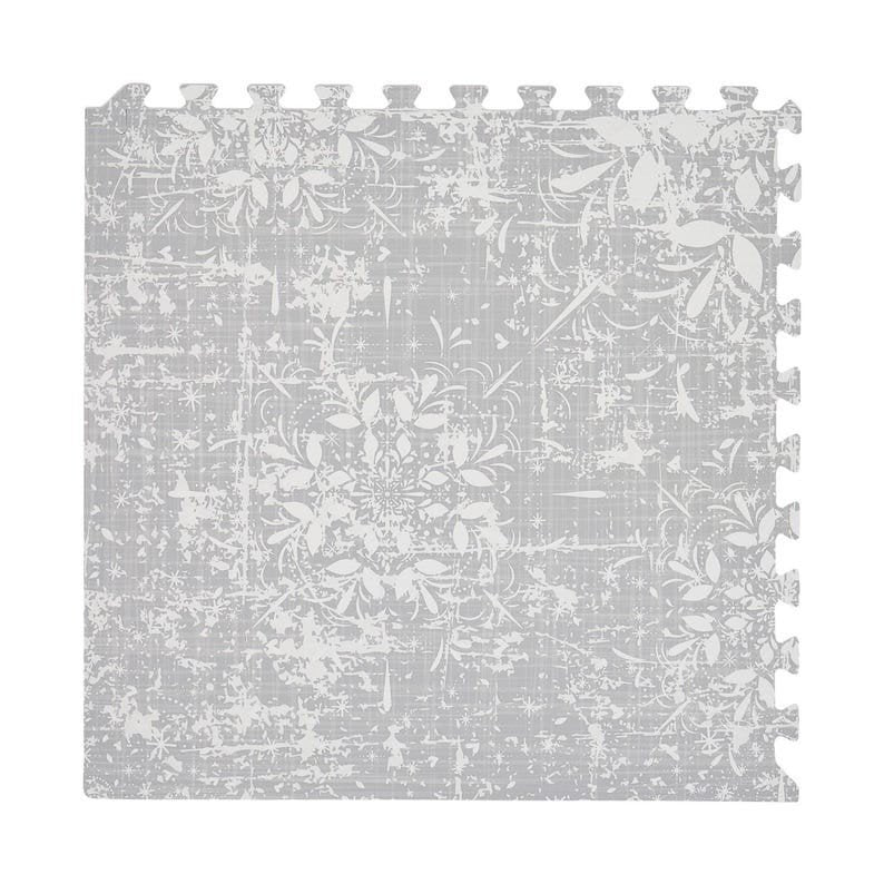 2. Single piece of OLYA KIDS vintage grey foam puzzle playmat with Persian rug-inspired pattern on white background