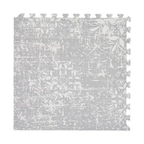 2. Single piece of OLYA KIDS vintage grey foam puzzle playmat with Persian rug-inspired pattern on white background