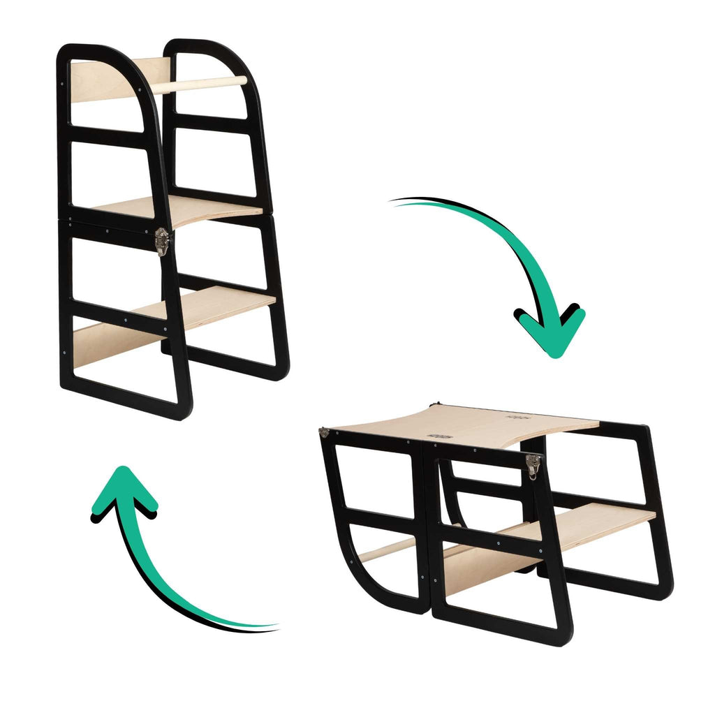 13. Black kitchen tower shown in standing and table modes with arrows