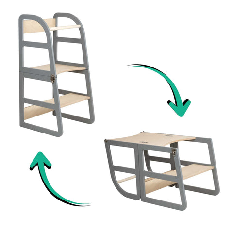 4. Grey kitchen tower shown in standing and table modes with arrows