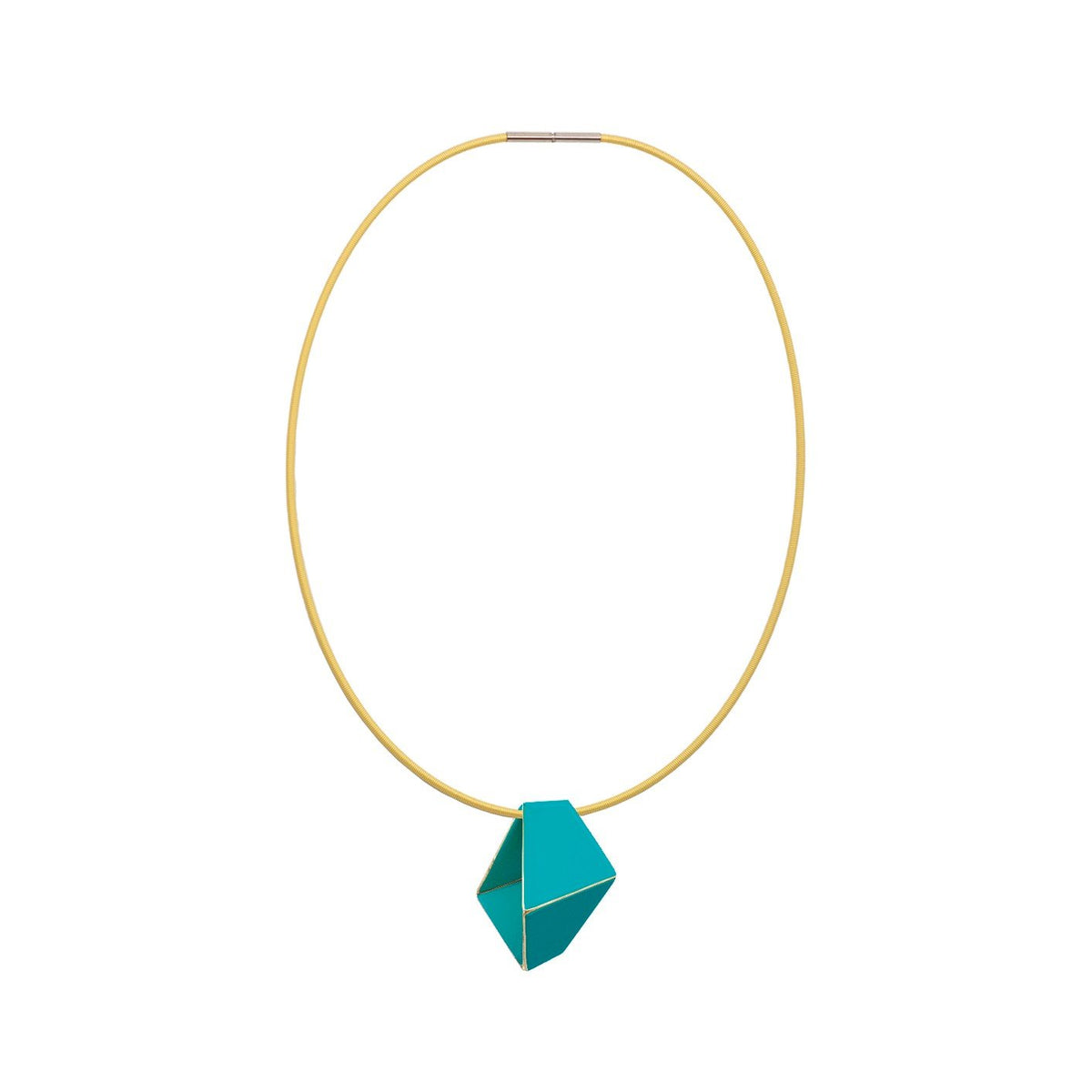 6. Studio image of Lisa Kroeber Jewellery Folded Necklace in turquoise, showcasing geometric pendant on brass chain