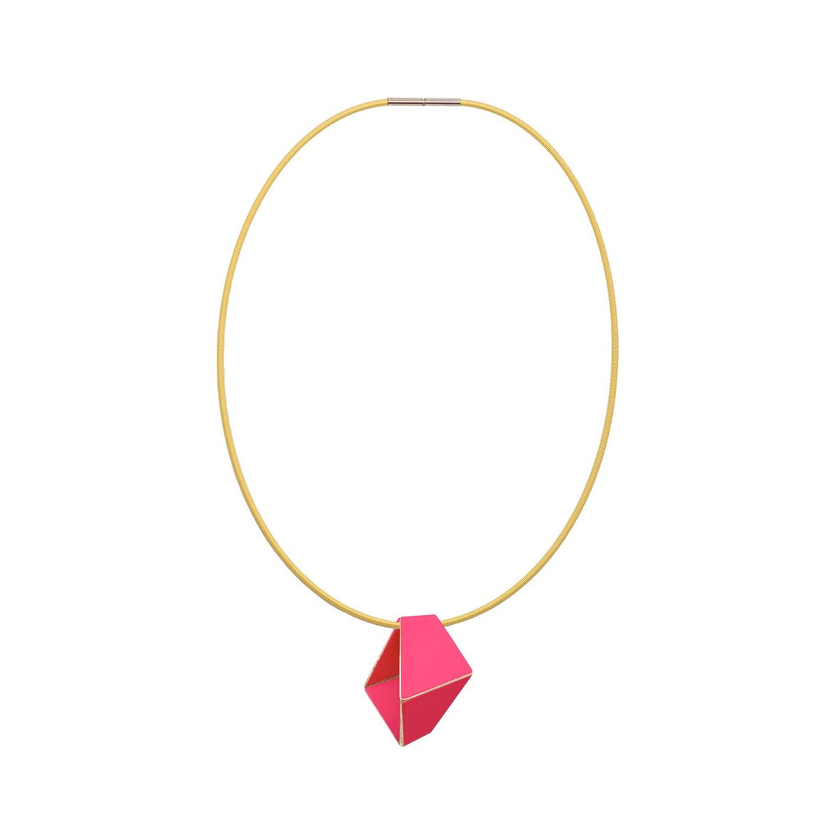 4. Studio image of Lisa Kroeber Jewellery Folded Necklace in magenta, showcasing geometric pendant on brass chain