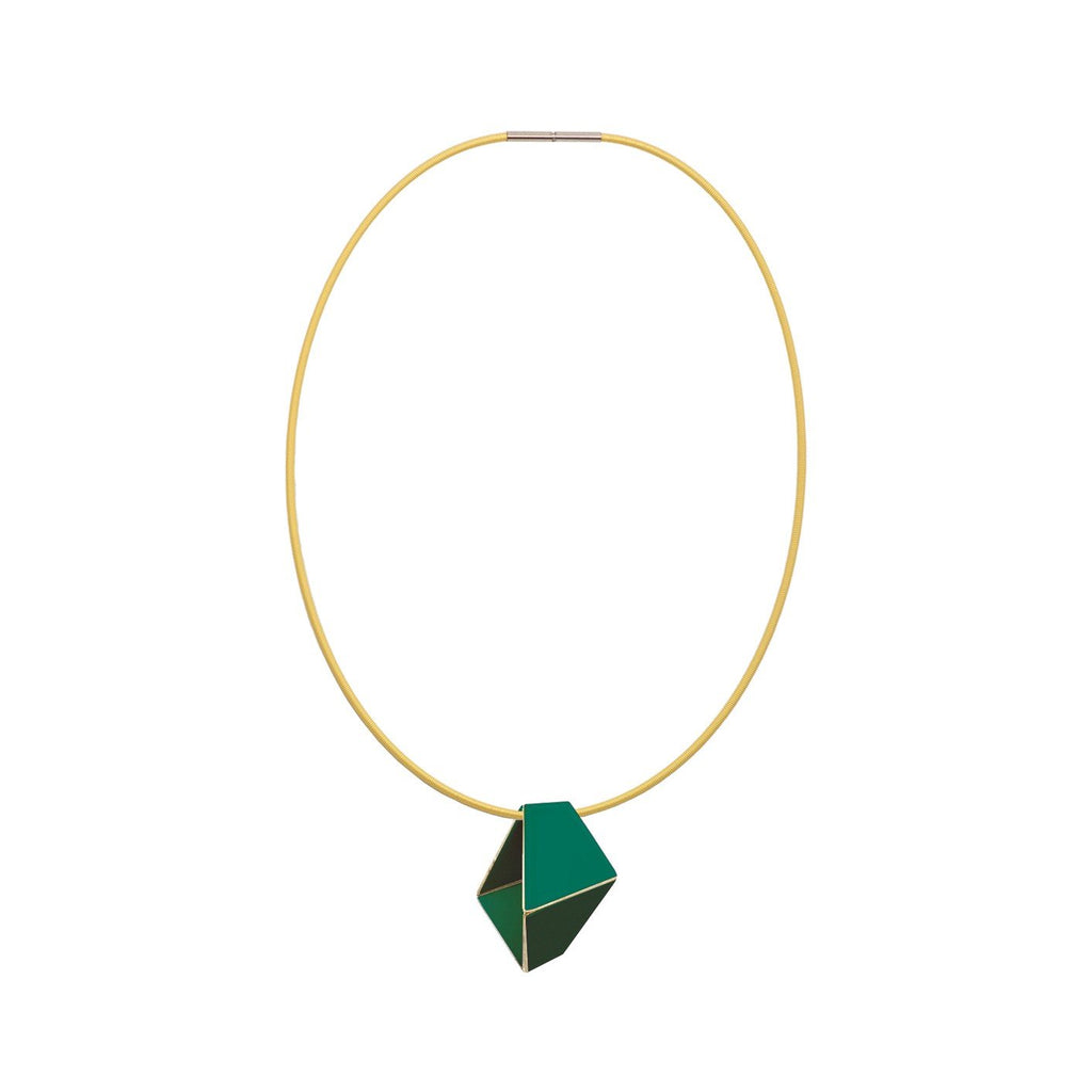 5. Studio image of Lisa Kroeber Jewellery Folded Necklace in moss green, featuring geometric pendant on brass chain