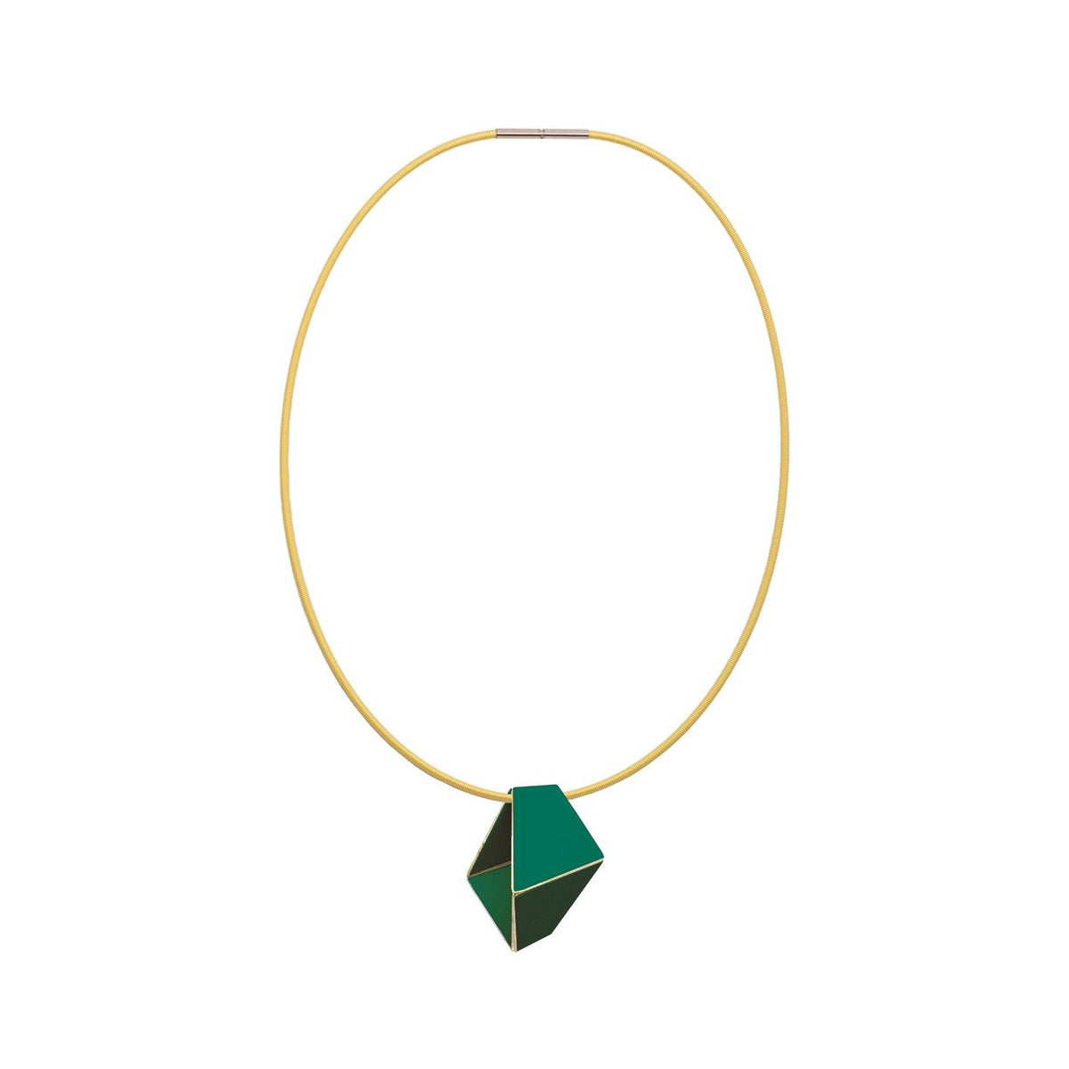 5. Studio image of Lisa Kroeber Jewellery Folded Necklace in moss green, featuring geometric pendant on brass chain