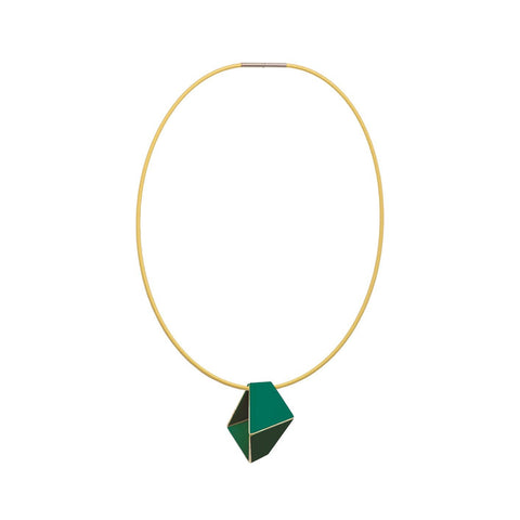 5. Studio image of Lisa Kroeber Jewellery Folded Necklace in moss green, featuring geometric pendant on brass chain