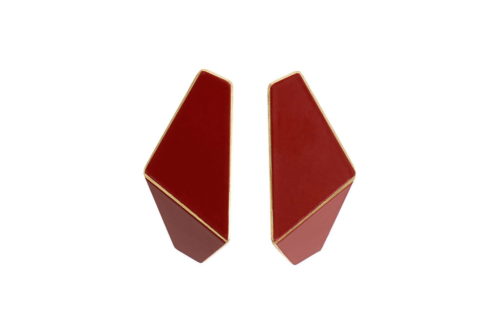 15. Lisa Kroeber Jewellery Folded Slim Earrings in burgundy, studio shot