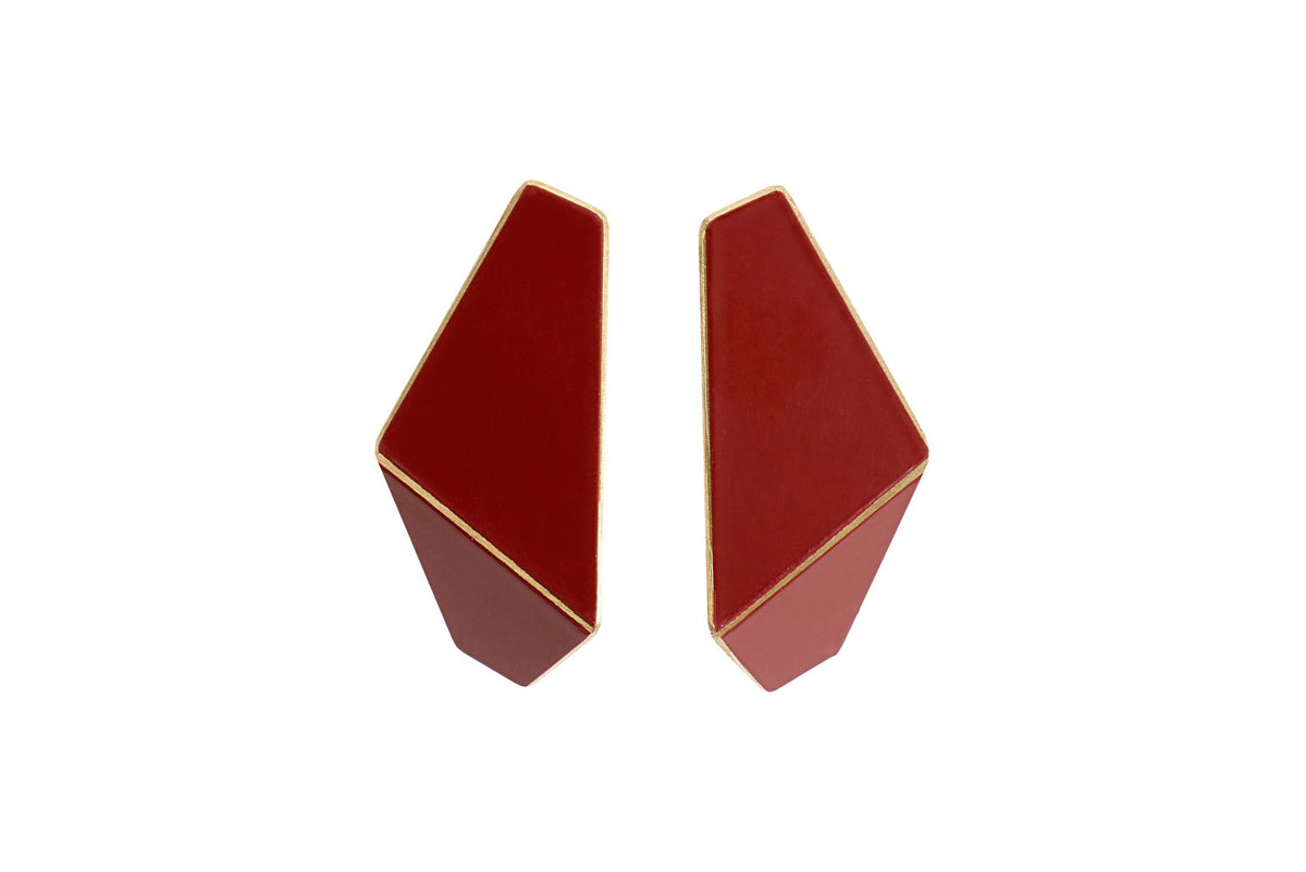 15. Lisa Kroeber Jewellery Folded Slim Earrings in burgundy, studio shot