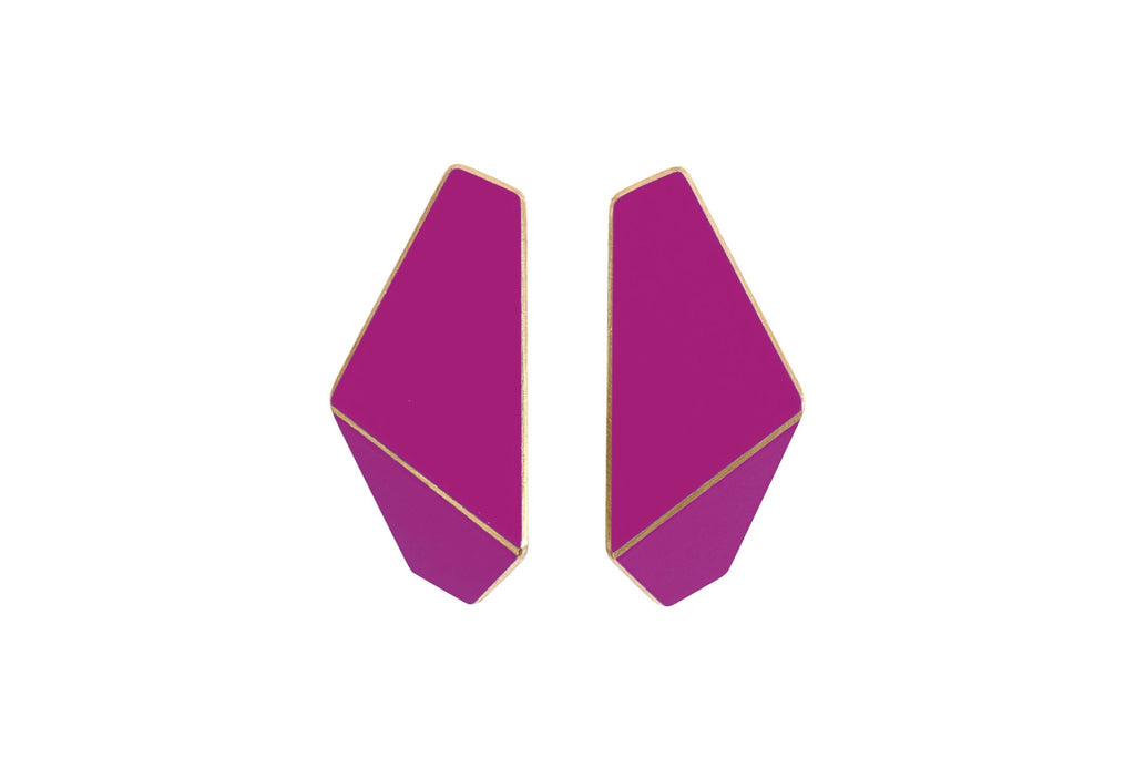 16. Lisa Kroeber Jewellery Folded Slim Earrings in magenta, studio shot
