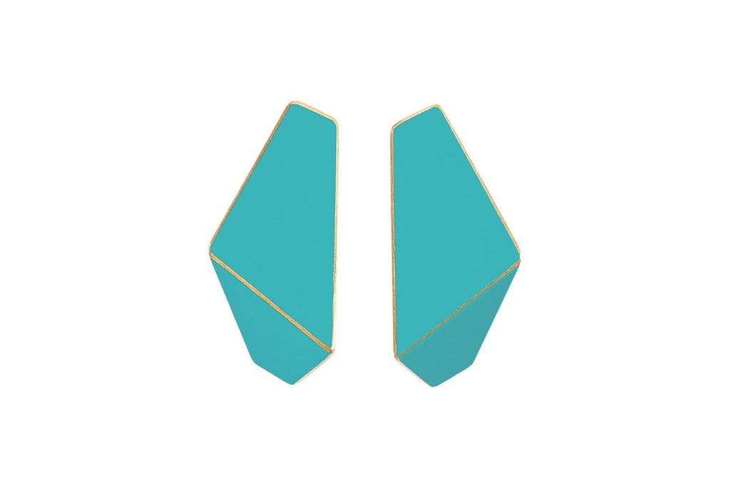 13. Lisa Kroeber Jewellery Folded Slim Earrings in turquoise, studio shot