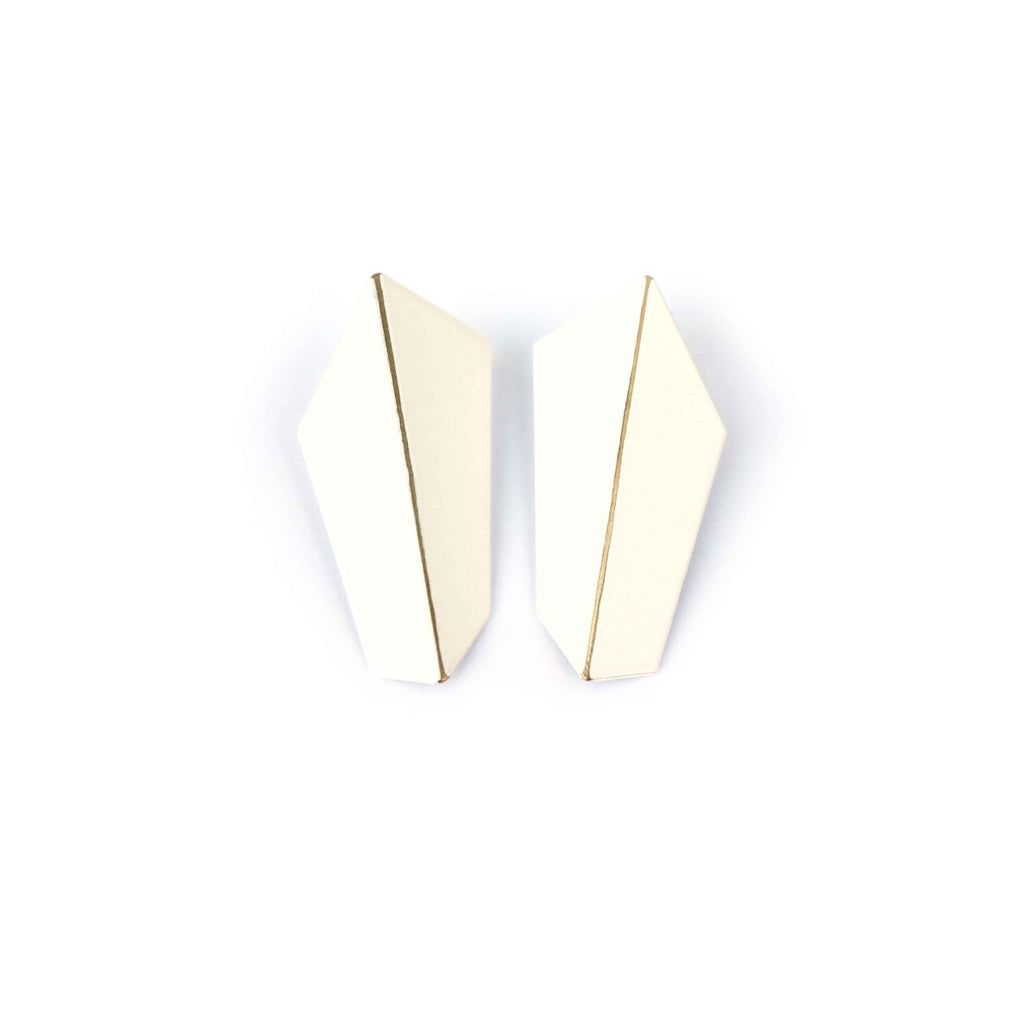 12. Lisa Kroeber Jewellery Folded Vertical Earrings in white, studio shot
