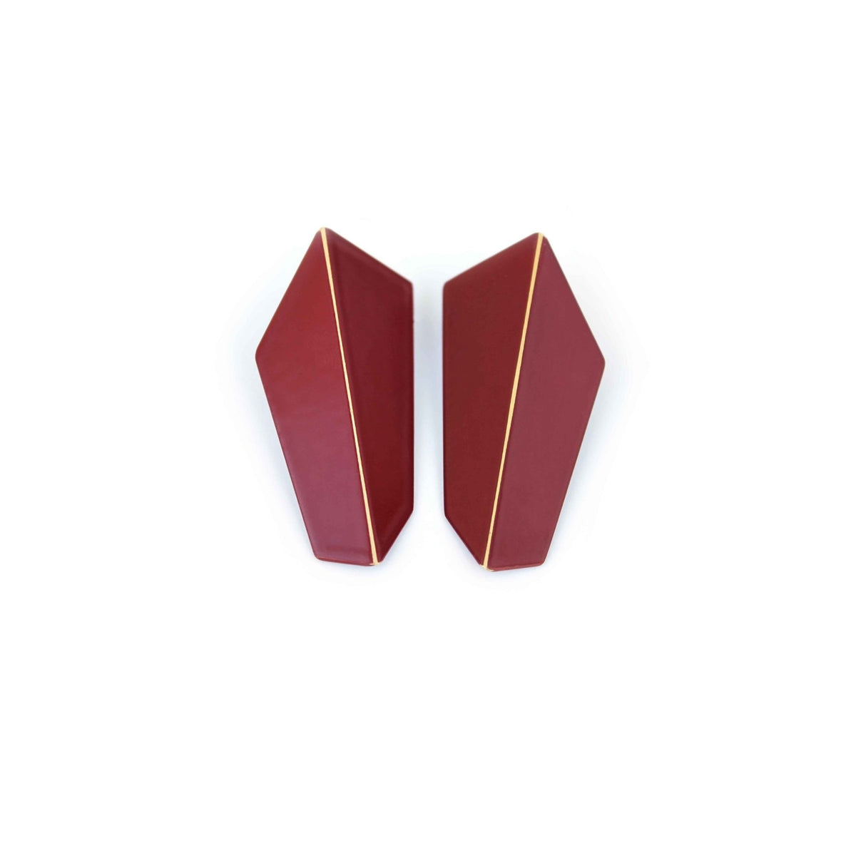 15. Lisa Kroeber Jewellery Folded Vertical Earrings in burgundy, studio shot