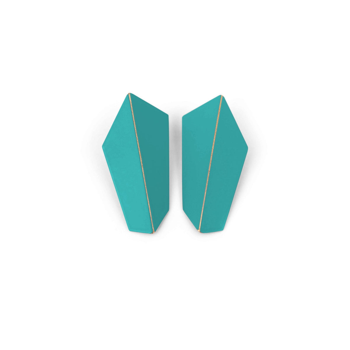 13. Lisa Kroeber Jewellery Folded Vertical Earrings in teal, studio shot