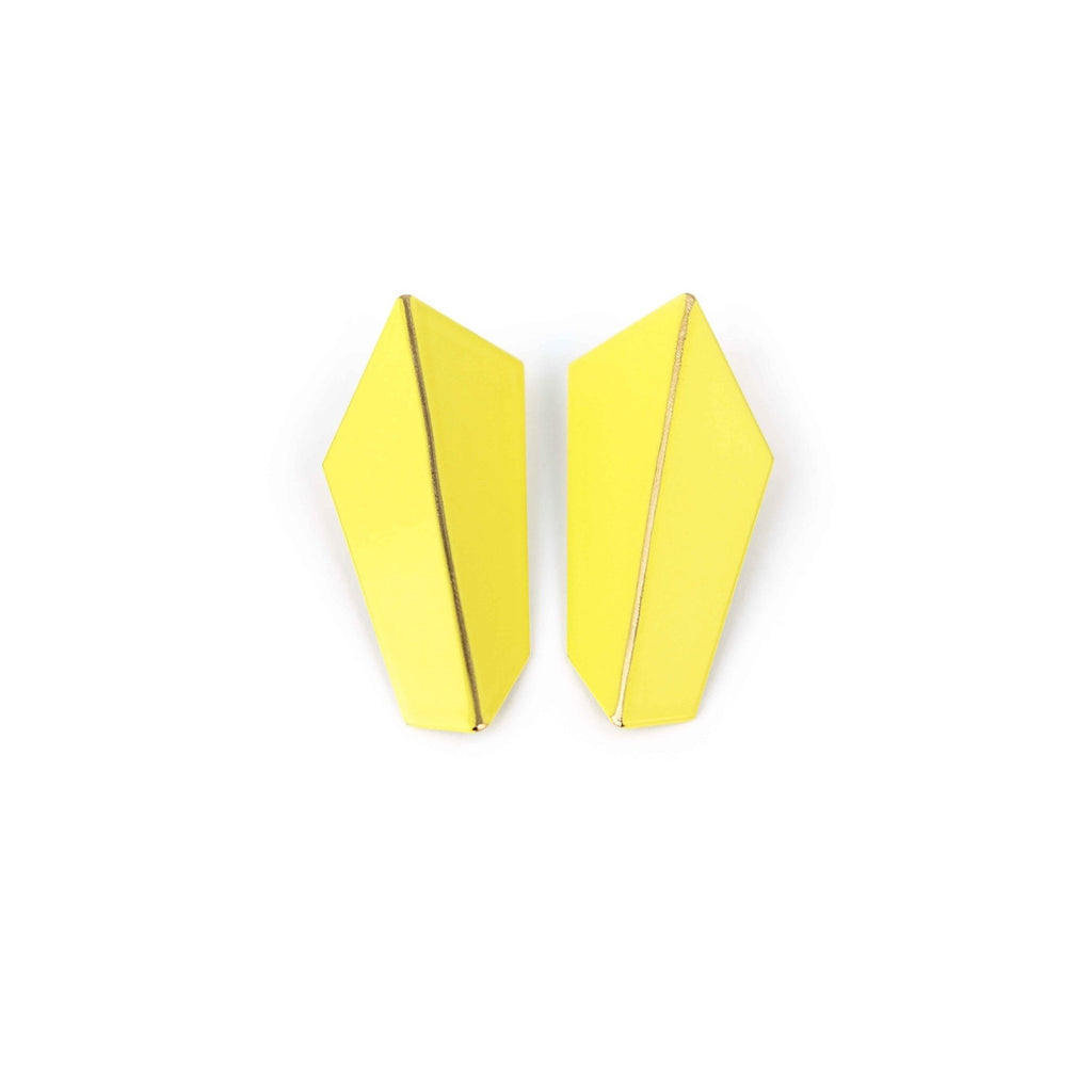 8. Lisa Kroeber Jewellery Folded Vertical Earrings in yellow, studio shot