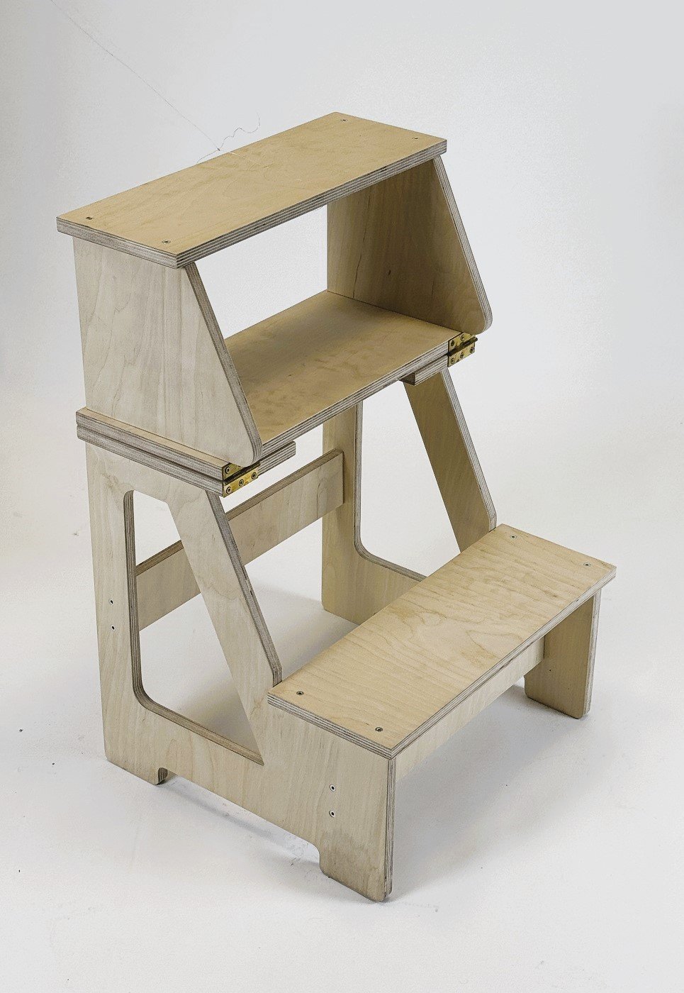 2. Wooden folding seat and climbing helper in studio setting with backrest fully upright
