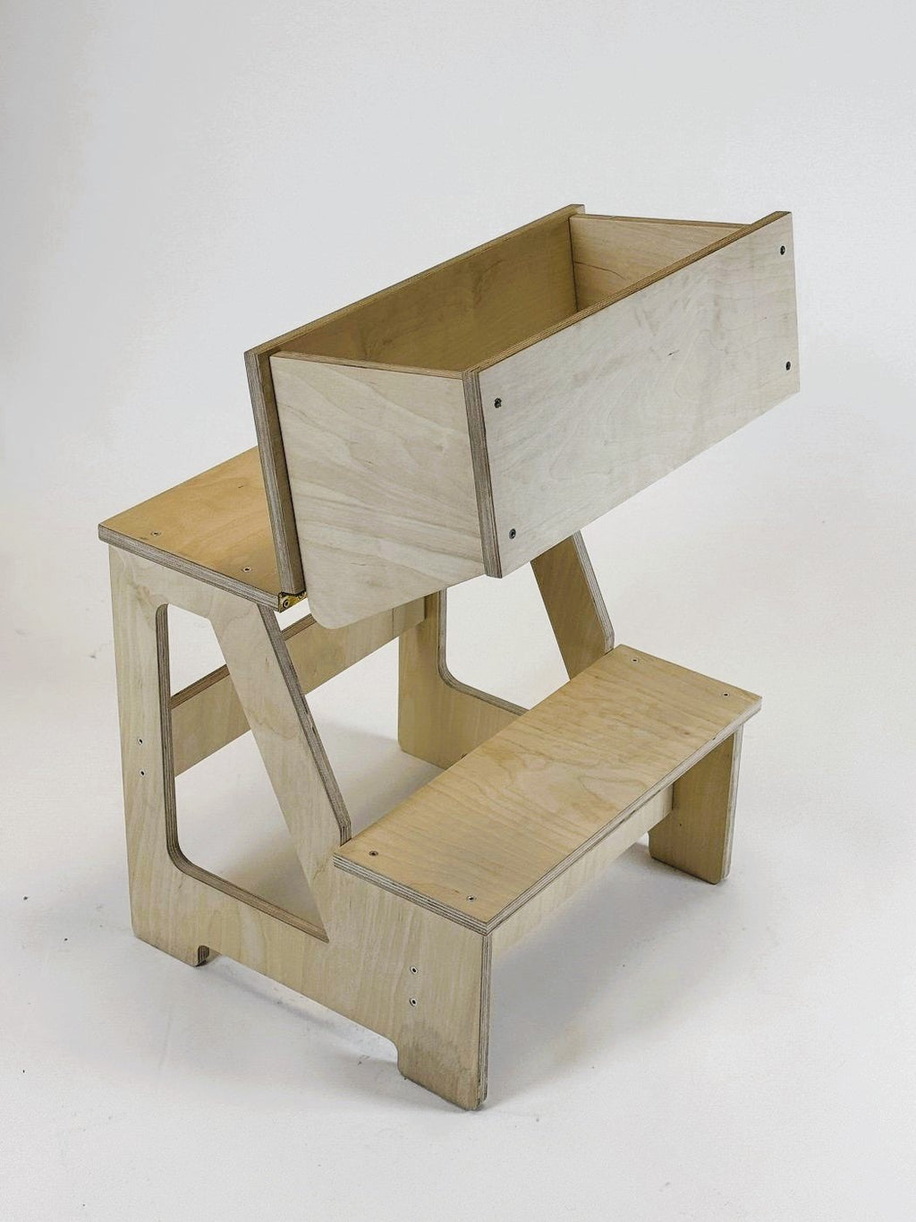 2. Wooden folding seat and climbing helper in studio setting with backrest fully extended
