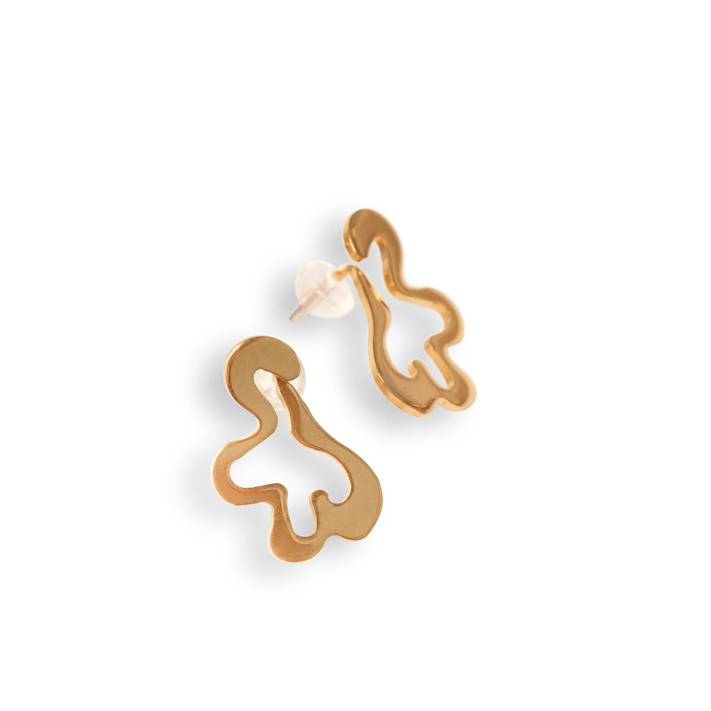 2. Pair of Lentsius Folia Mini Earrings in polished gold-tone stainless steel with soft silicone backing on white background